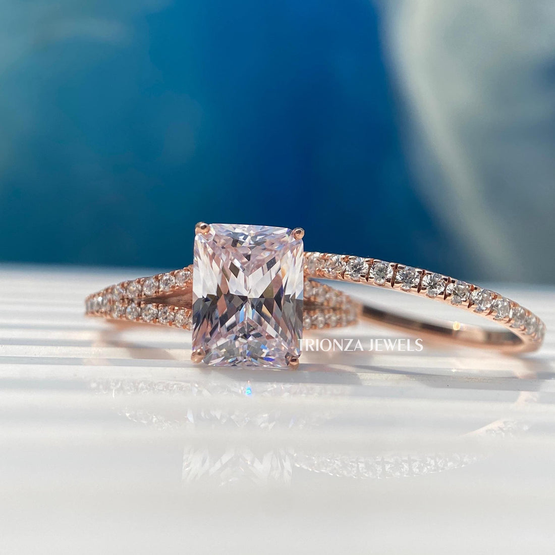 3 Ct Radiant Moissanite Engagement Ring Set | Rose Gold Bridal
