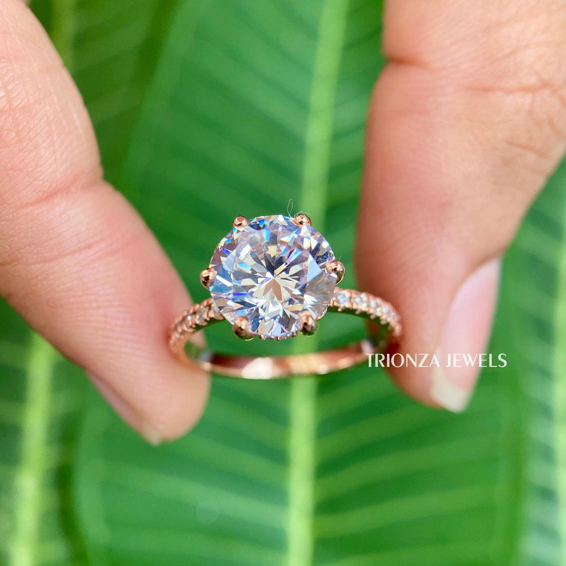 Round old European cut moissanite solitaire ring showcasing a colorless 2.05 CT center stone