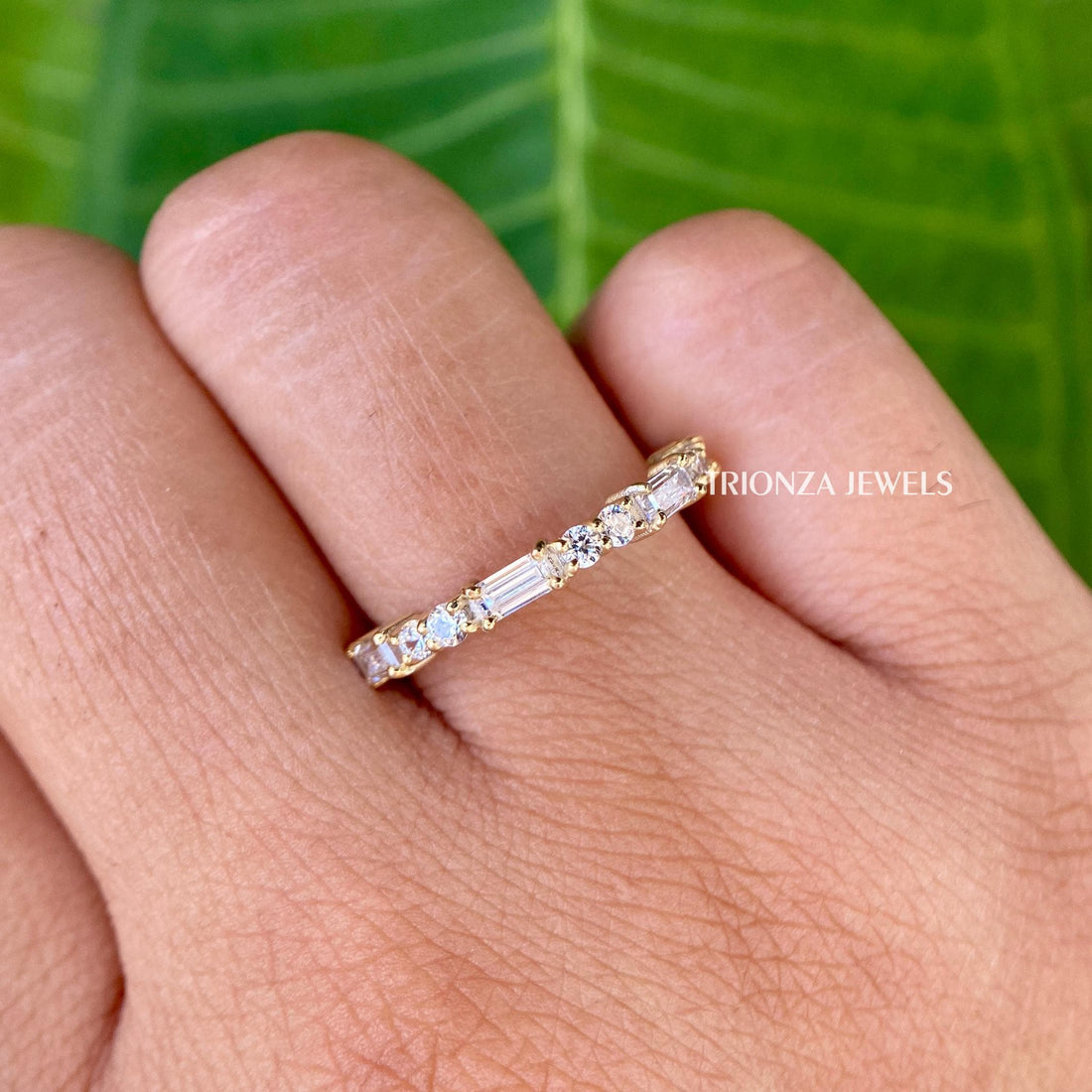 Moissanite Wedding Band | Baguette & Round Yellow Gold Half Eternity