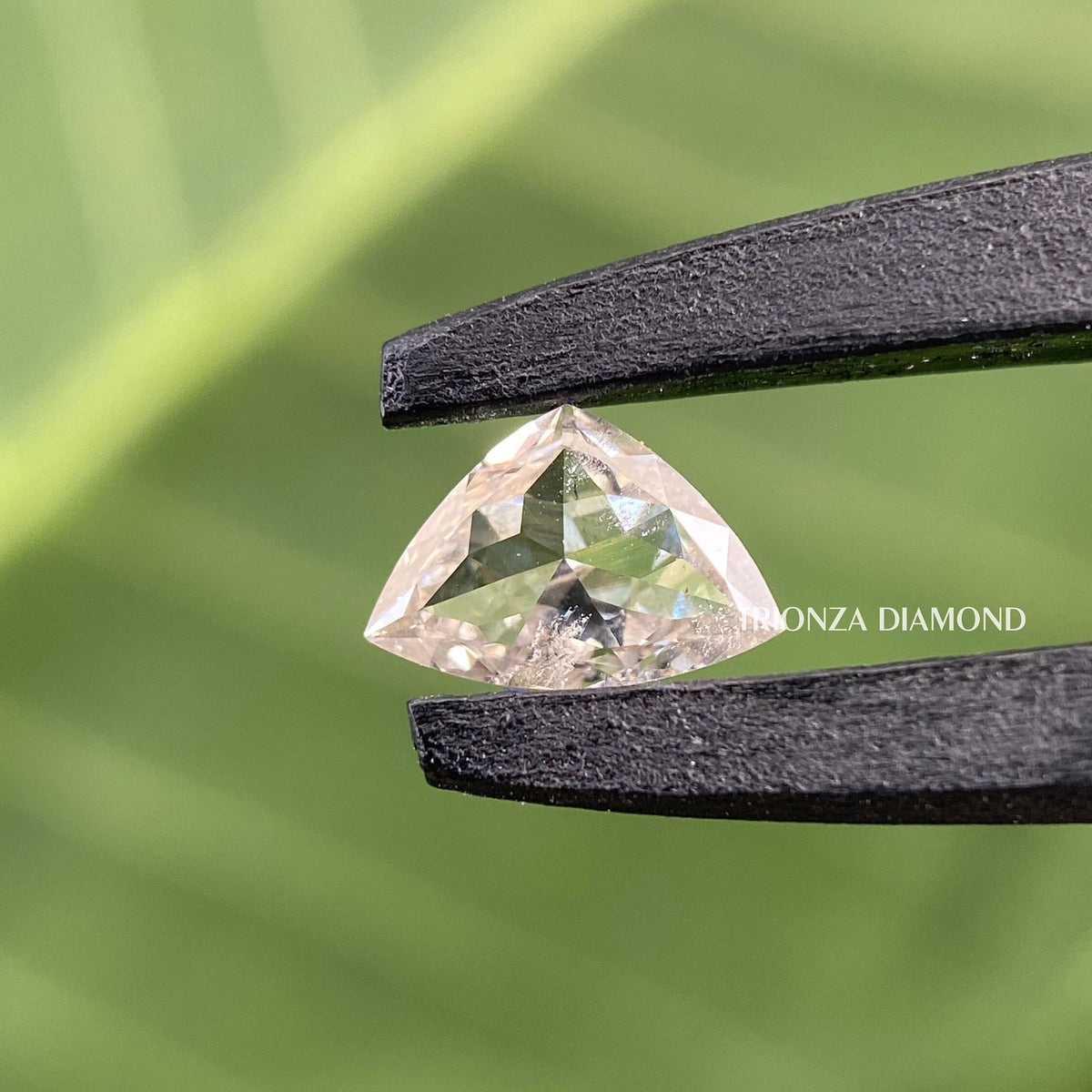 Curve trillion cut lab grown diamond displaying F color and VS2 clarity in a close-up view