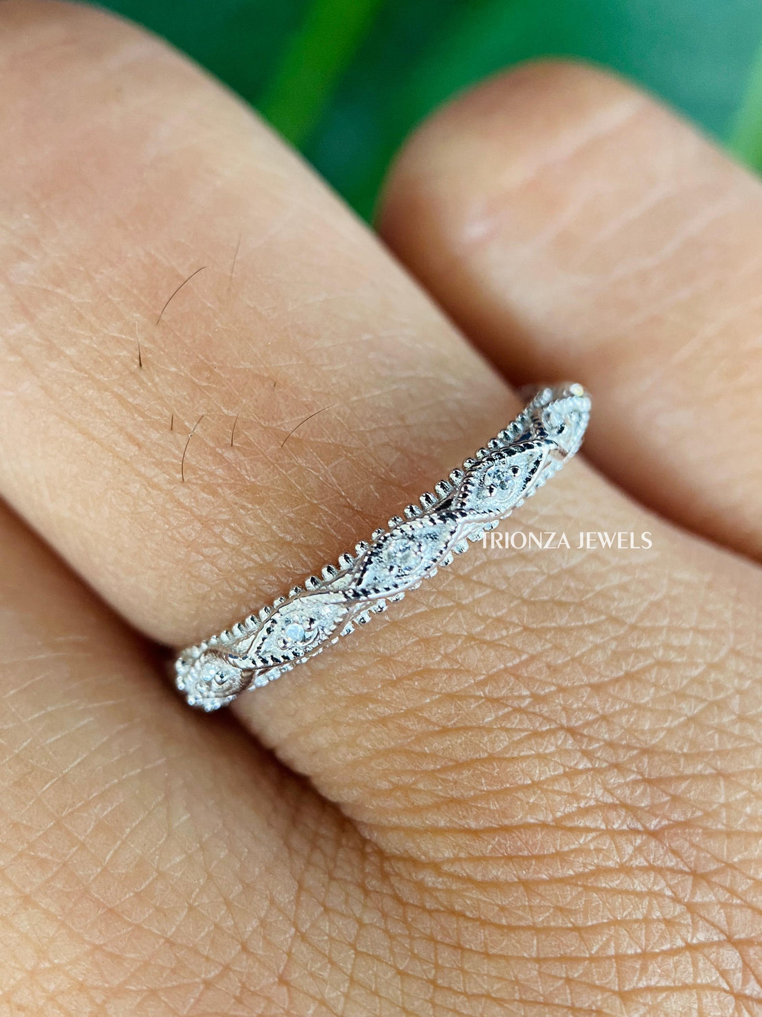 Vintage Art Deco Moissanite Wedding Band - White Gold Half Eternity