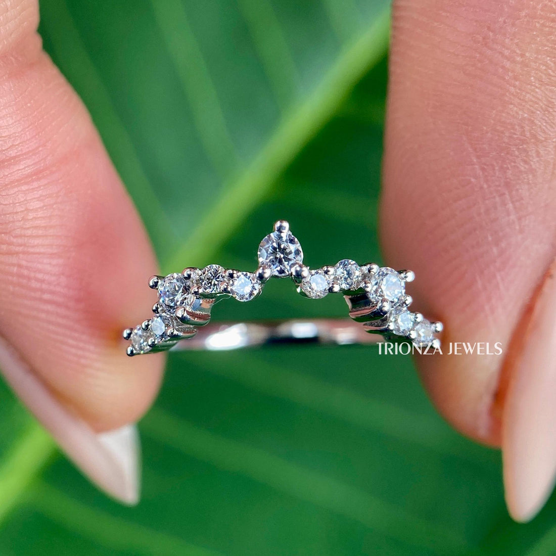 Dainty Diamond Curved Wedding Band | White Gold Vintage Stacking Ring