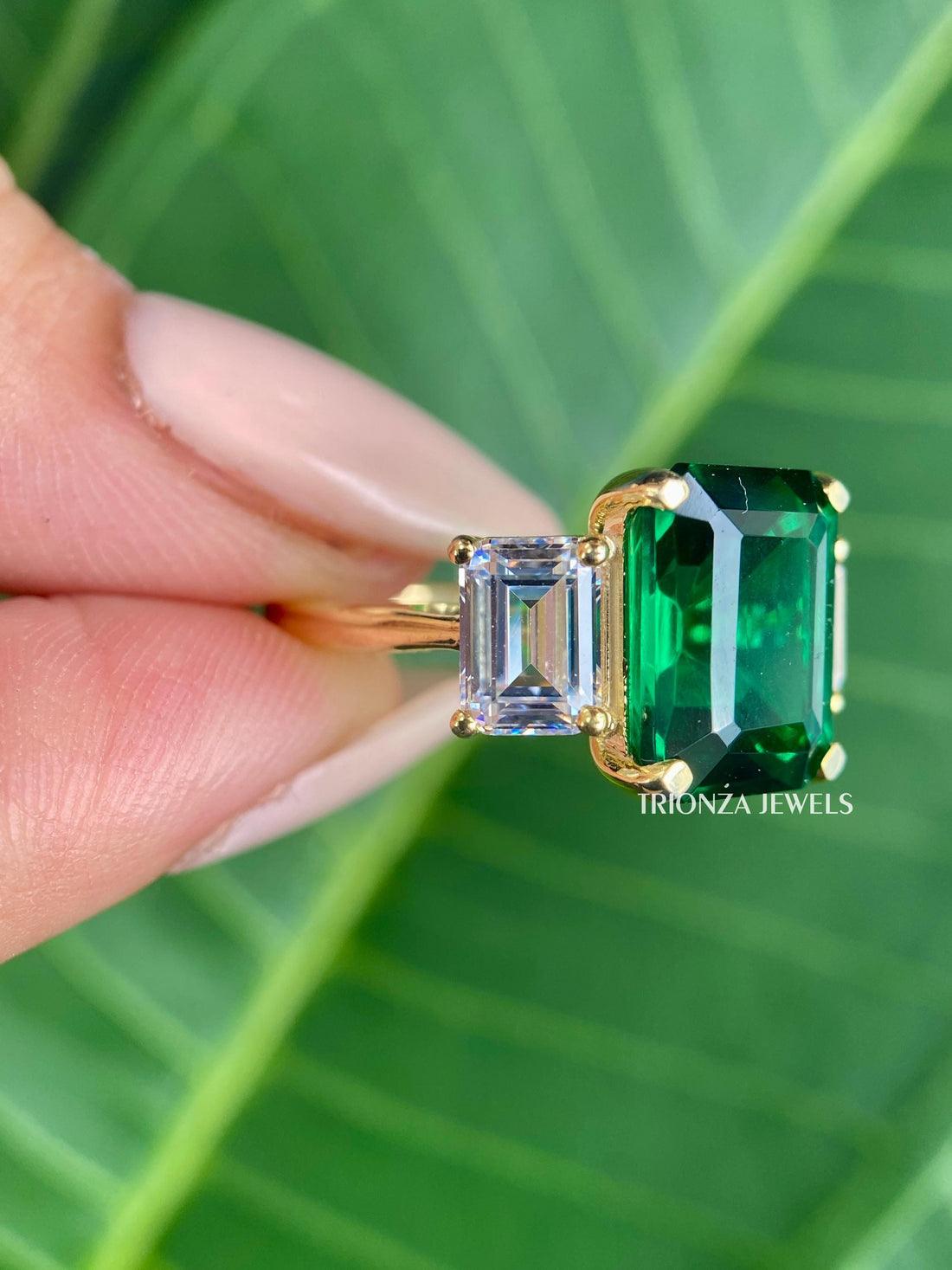 Green Emerald Moissanite Three Stone Engagement Ring, 8.02 TW