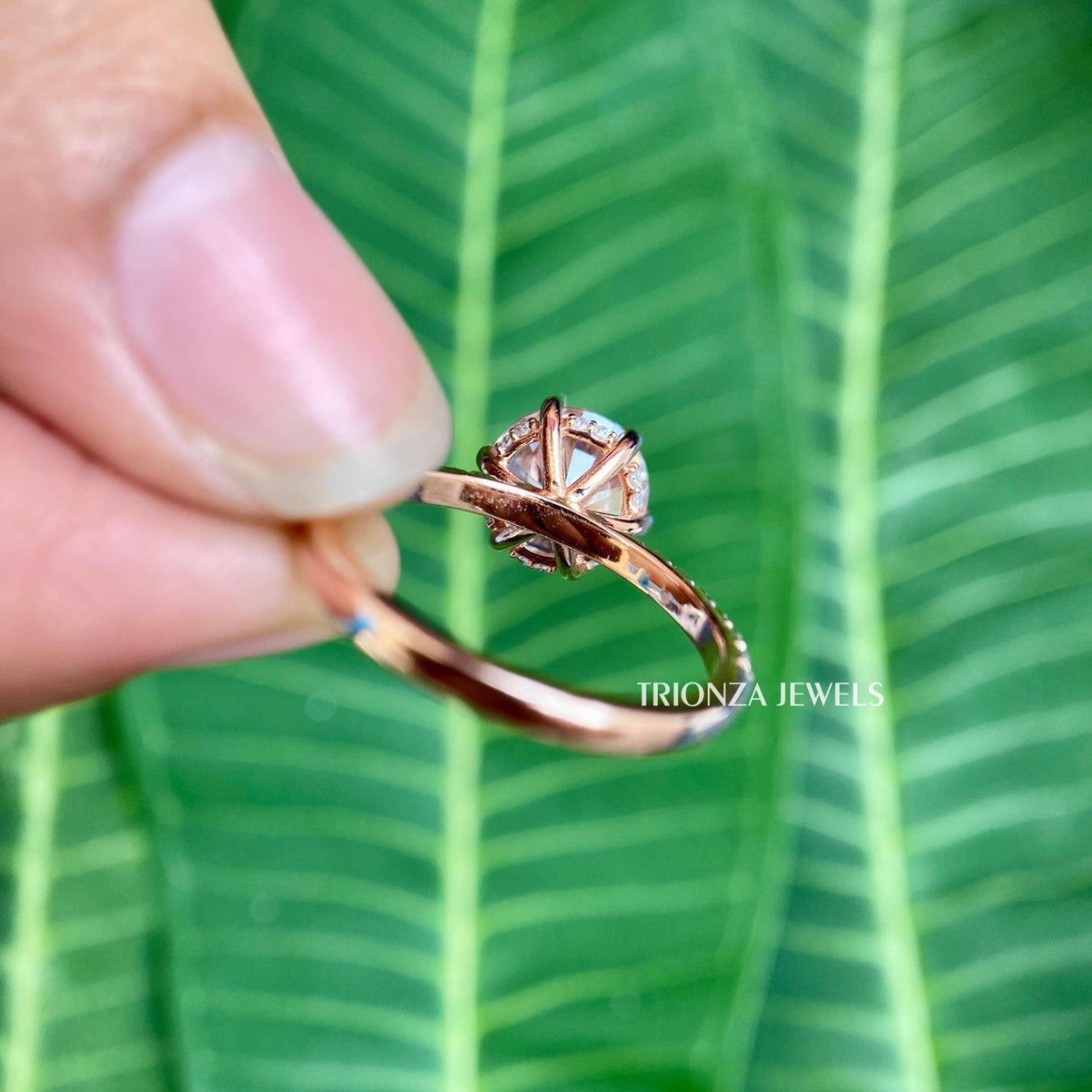 Moissanite engagement ring presented inside its jewelry box with smooth fabric