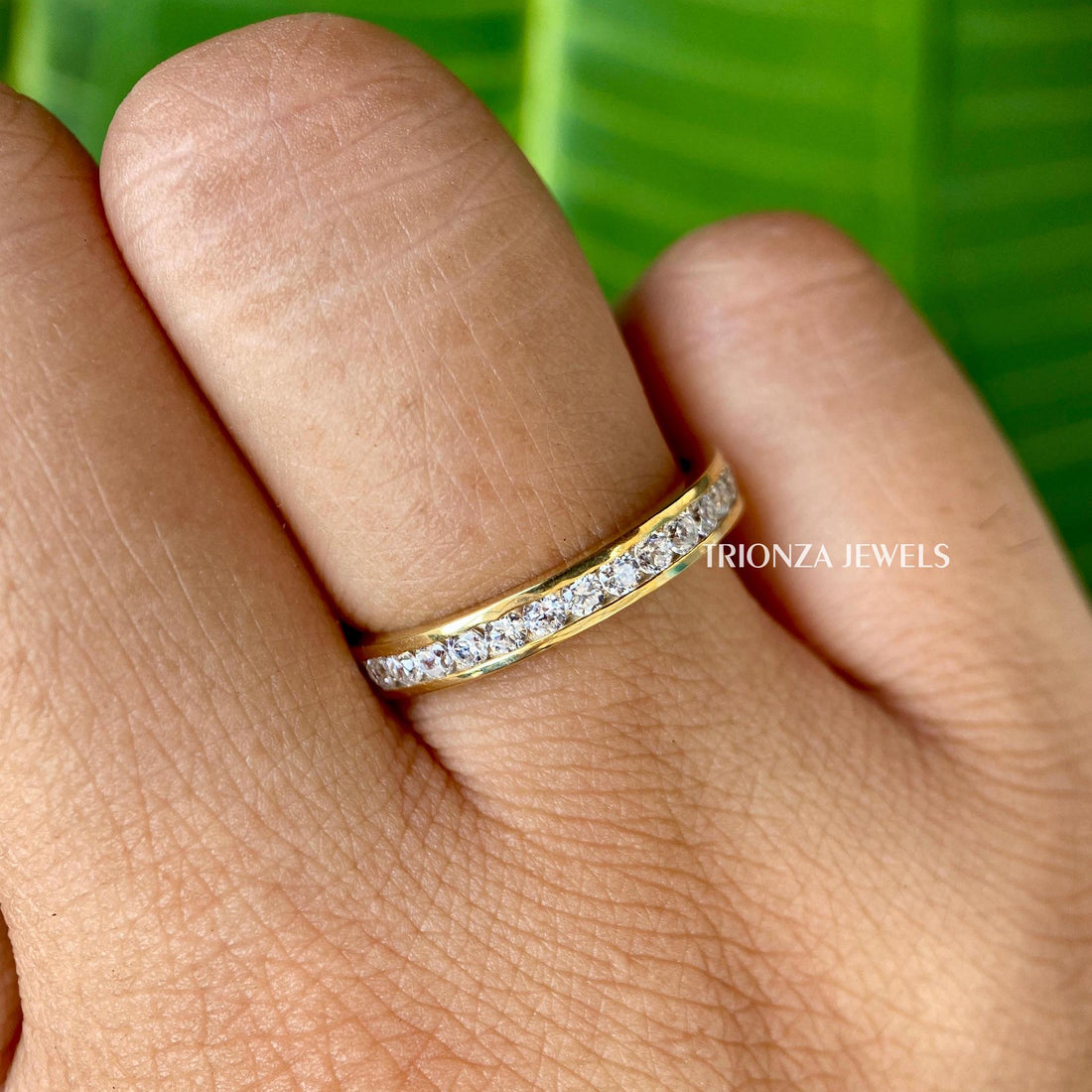 14k Channel Set Moissanite Wedding Band - Eternity Stackable Ring