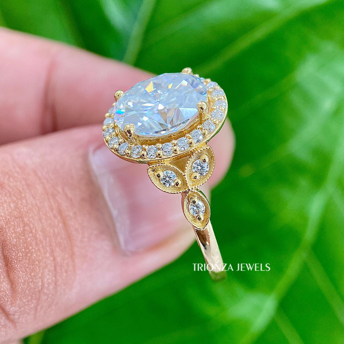 Oval 3CT Moissanite Engagement Ring - 14K White Gold Floral Art Deco