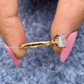 Side view of the Asscher cut diamond ring highlighting its 14k gold band design