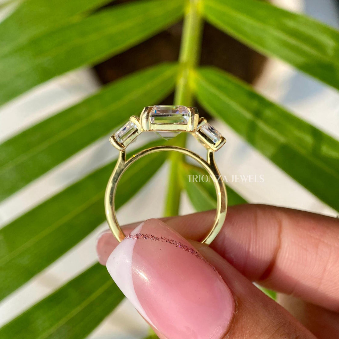 Emerald Cut Moissanite Three Stone Engagement Wedding Anniversary Ring