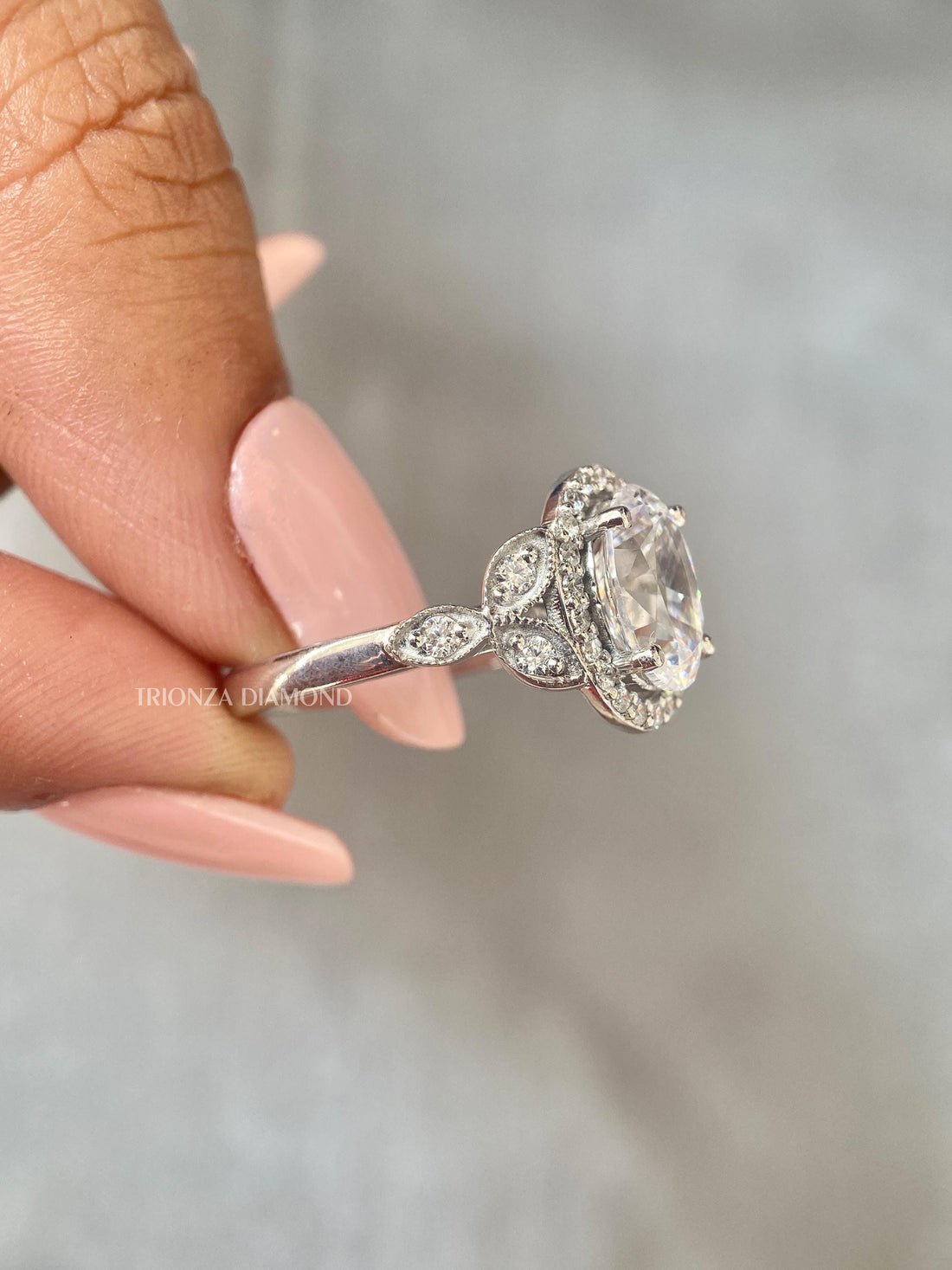 Oval Lab Grown Diamond Engagement Ring | 14K Gold Floral Halo