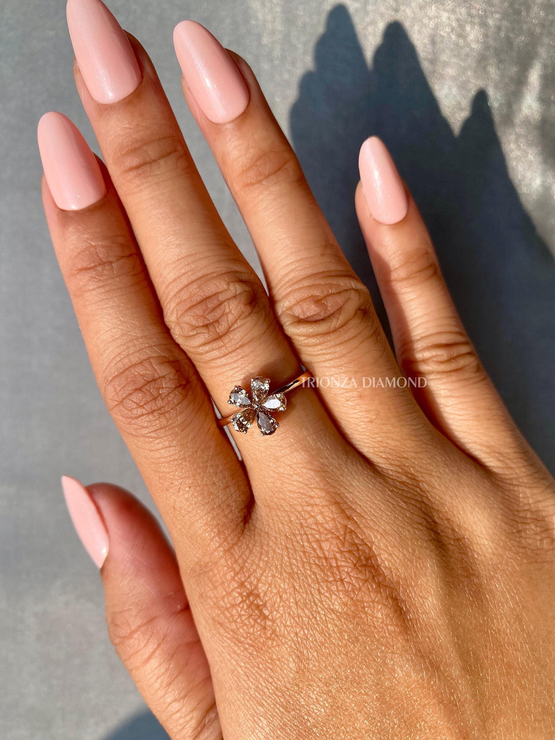 Pear cut brown diamond flower ring crafted in 14K solid gold with intricate detailing