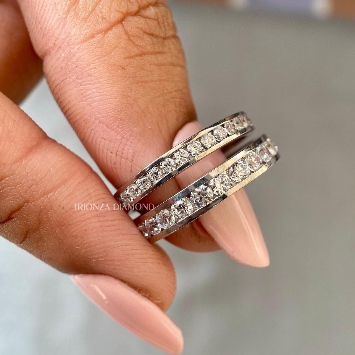 Round lab grown diamond stackable band channel set in 14K gold for everyday wear