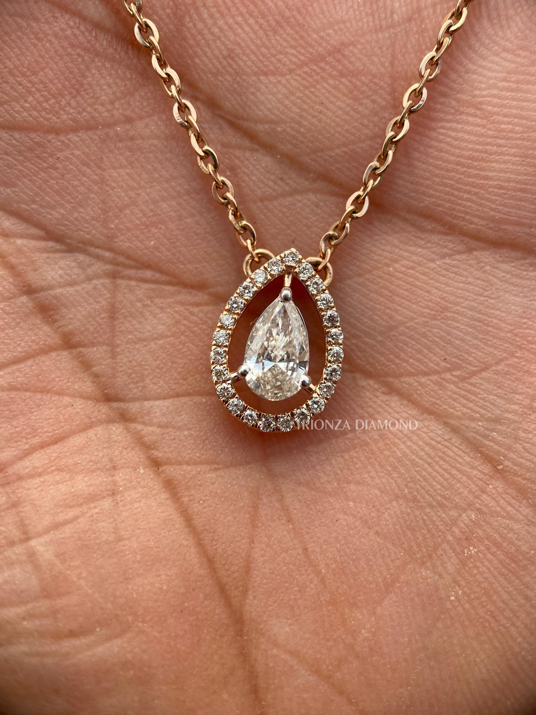Pear Cut Lab Grown Diamond Halo Pendant 14K Rose Gold Necklace