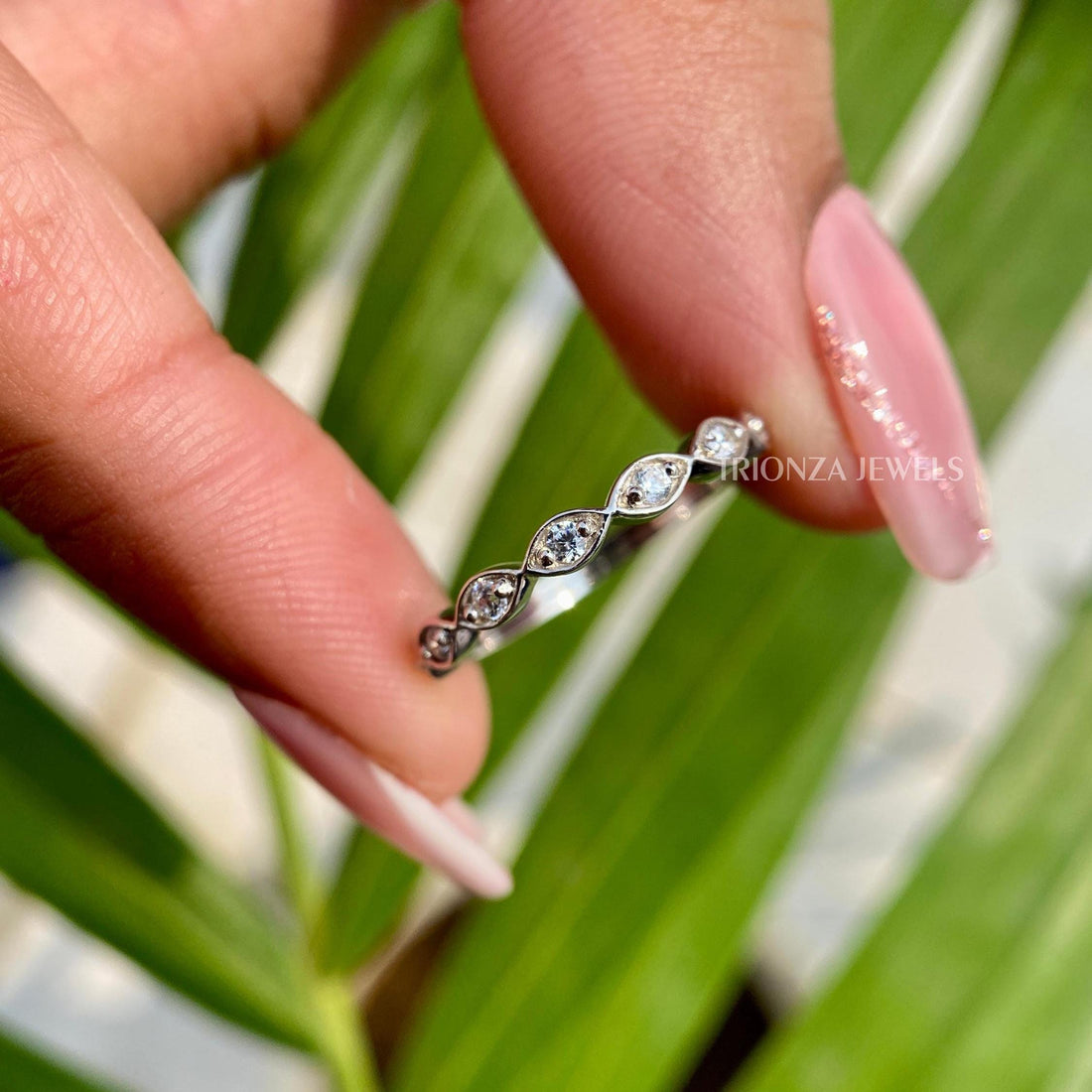 Art Deco Half Eternity Wedding Band - Sterling Silver Marquise & Dot