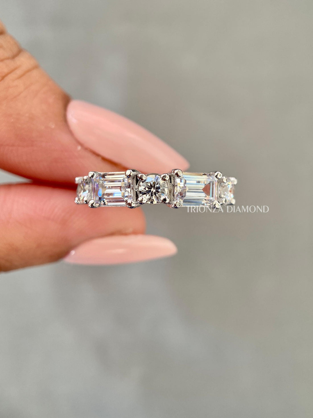 Lab Grown Emerald Cut Half Eternity Diamond Ring - Gold Stackable Band