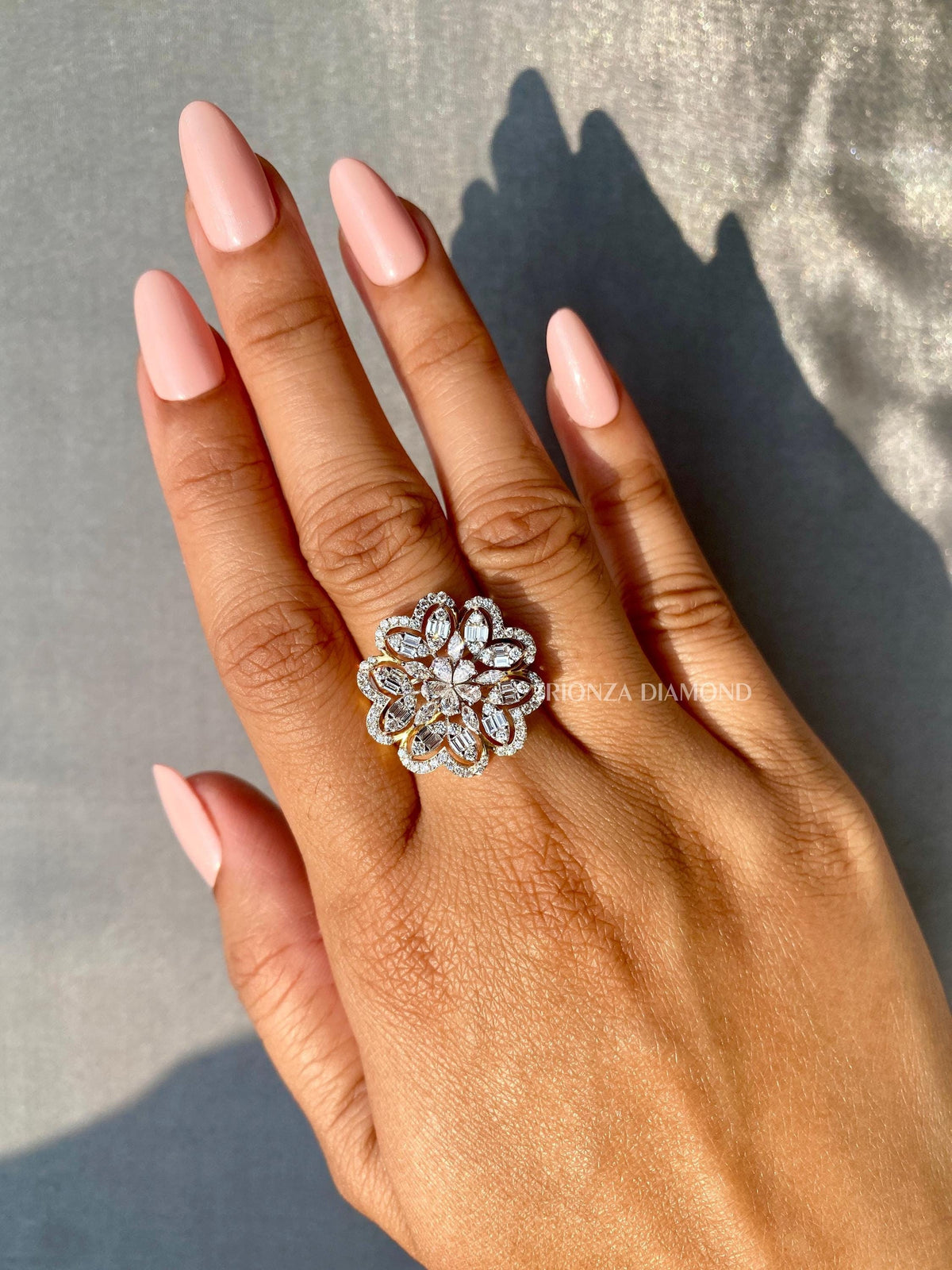 Floral design marquise and pear lab grown diamond ring showcasing intricate handcrafted details