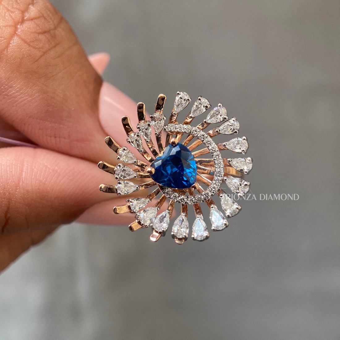 Blue Heart Cut Lab Grown Diamond Ring - Pear Halo 14K Rose Gold