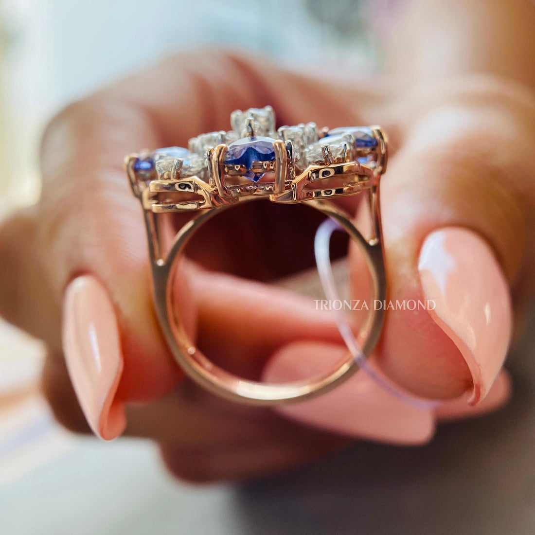 14K Gold Cluster Lab Grown Diamond & Blue Moissanite Ring