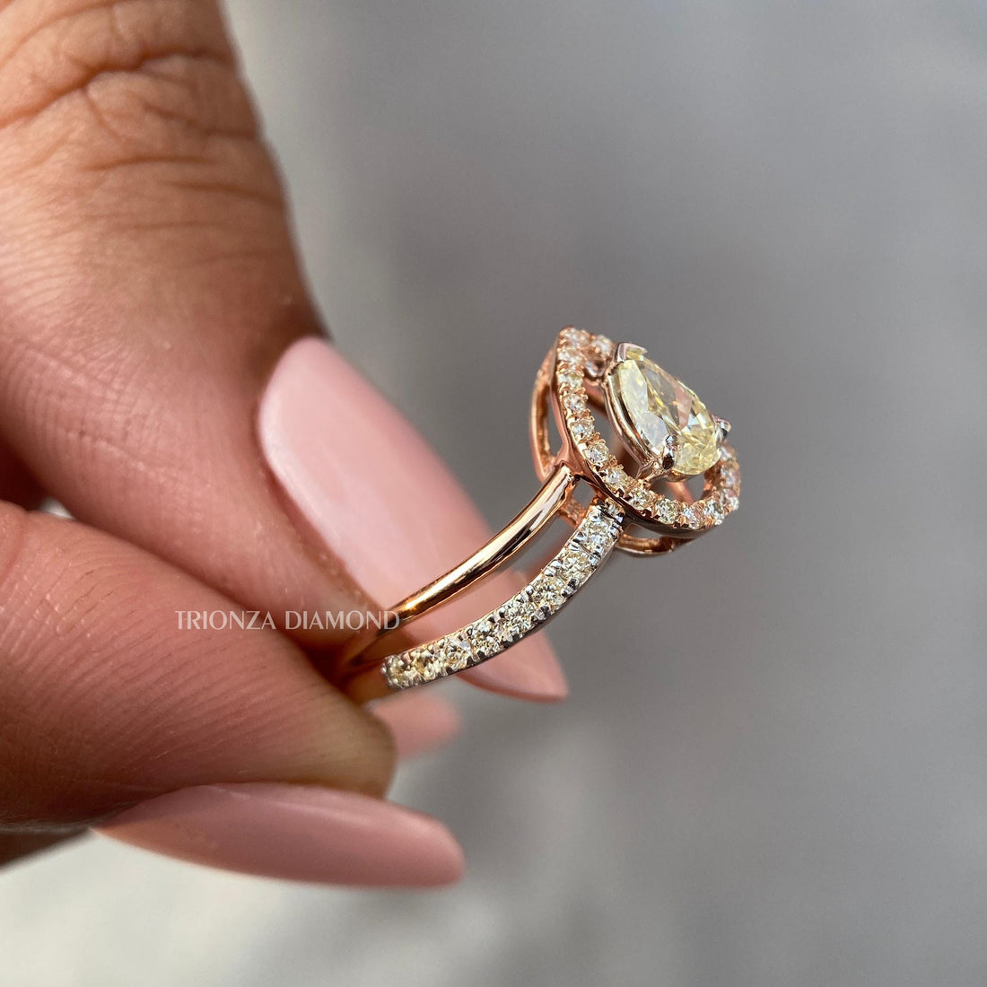 1.00 CT Intense Yellow Pear Lab Diamond Ring - IGI Certified 14k Rose Gold