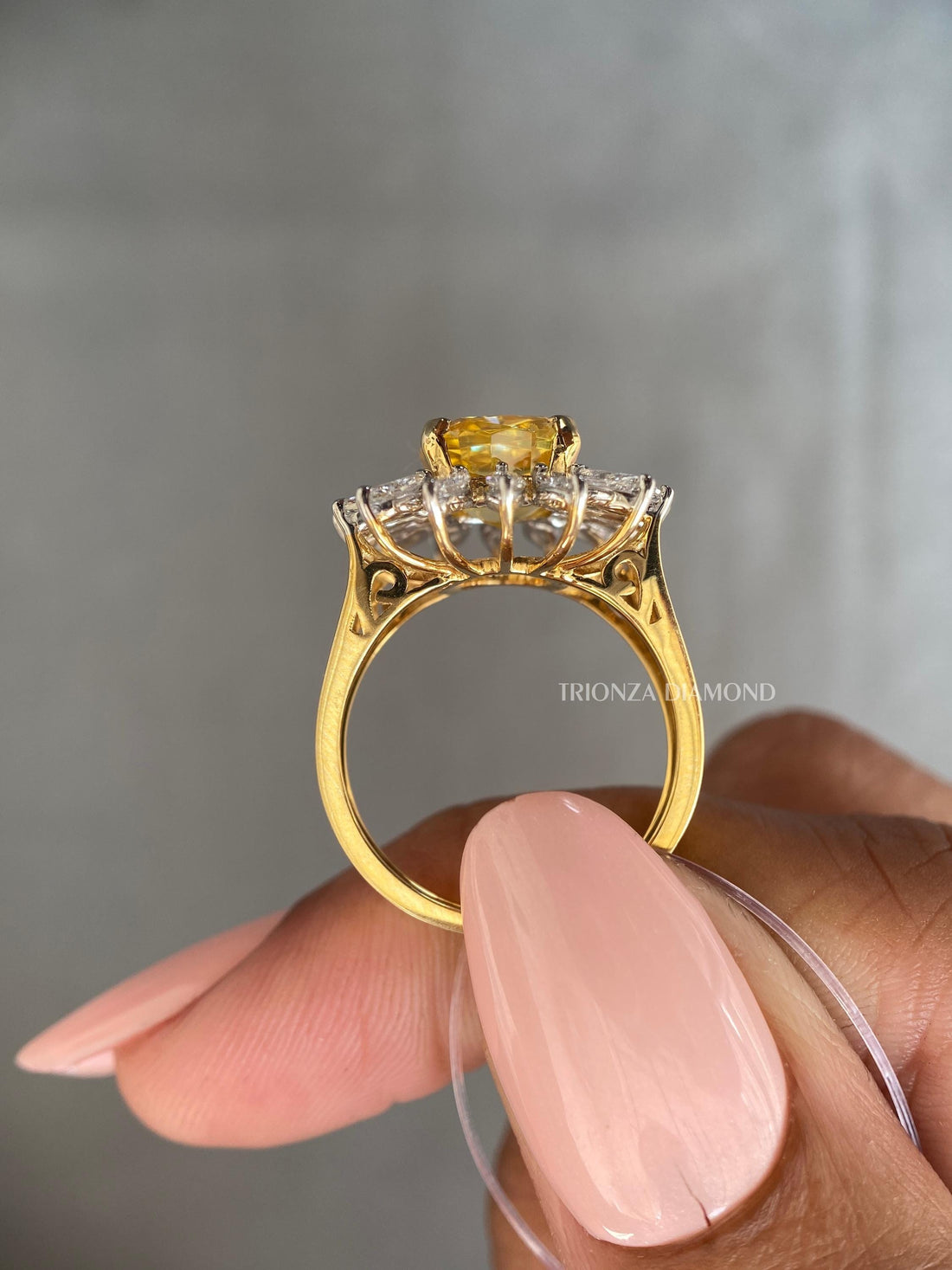 Yellow Cushion Halo Marquise Diamond Ring - 14K Gold, IGI Certified