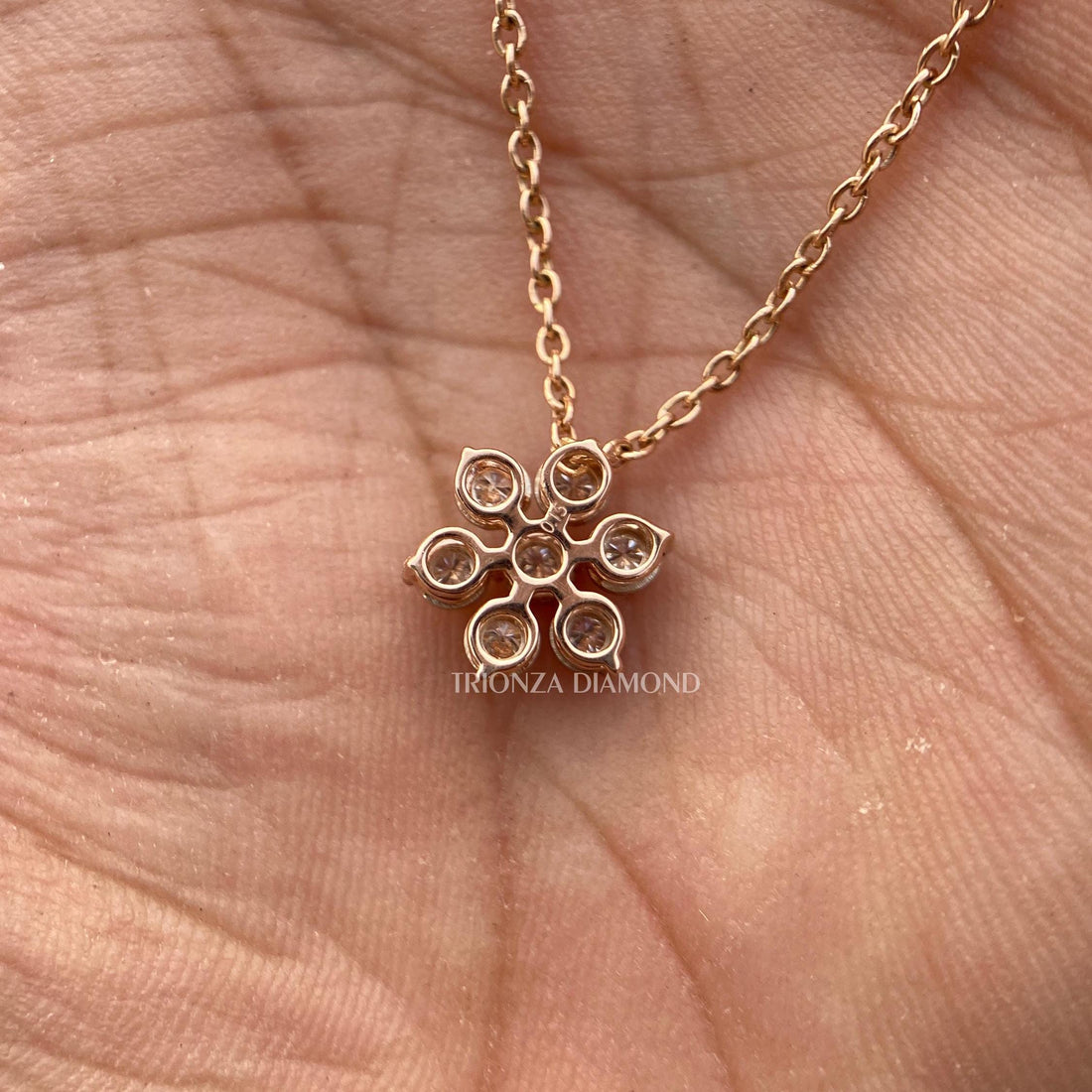 14k Rose Gold Round Cut Diamond Flower Pendant - Anniversary Gift