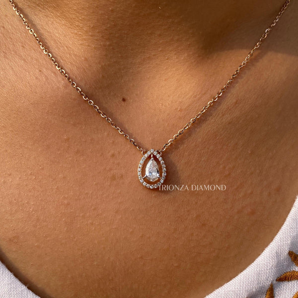 Pear Cut Lab Grown Diamond Halo Pendant 14K Rose Gold Necklace