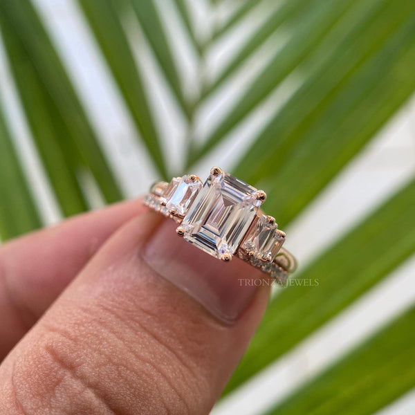 1.75 CT Emerald Cut Moissanite Bridal Set - Wedding Engagement Ring