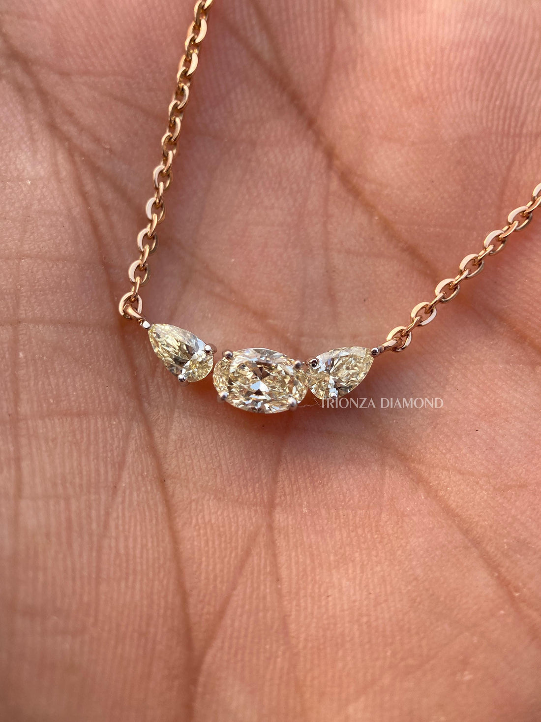 Oval and pear yellow lab grown diamond pendant necklace crafted in 14K solid gold
