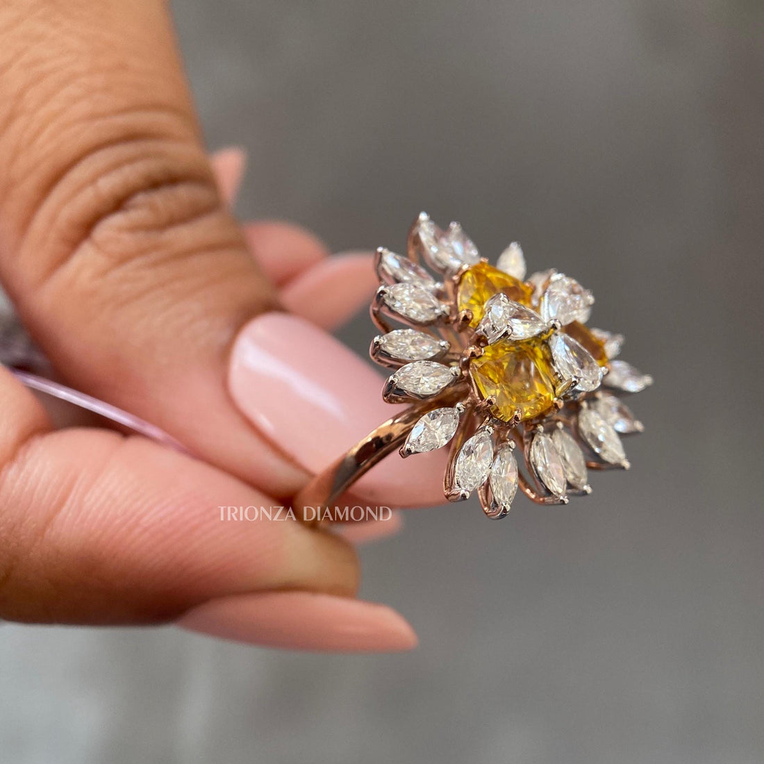 Halo Lab Grown Diamond Ring: Marquise, Yellow Cushion & Pear Cut IGI Certified