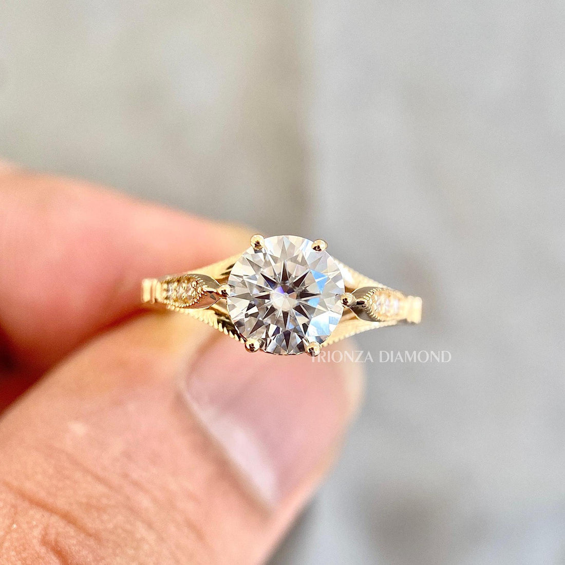 Round lab grown diamond floral engagement ring crafted in 14K gold with vintage details
