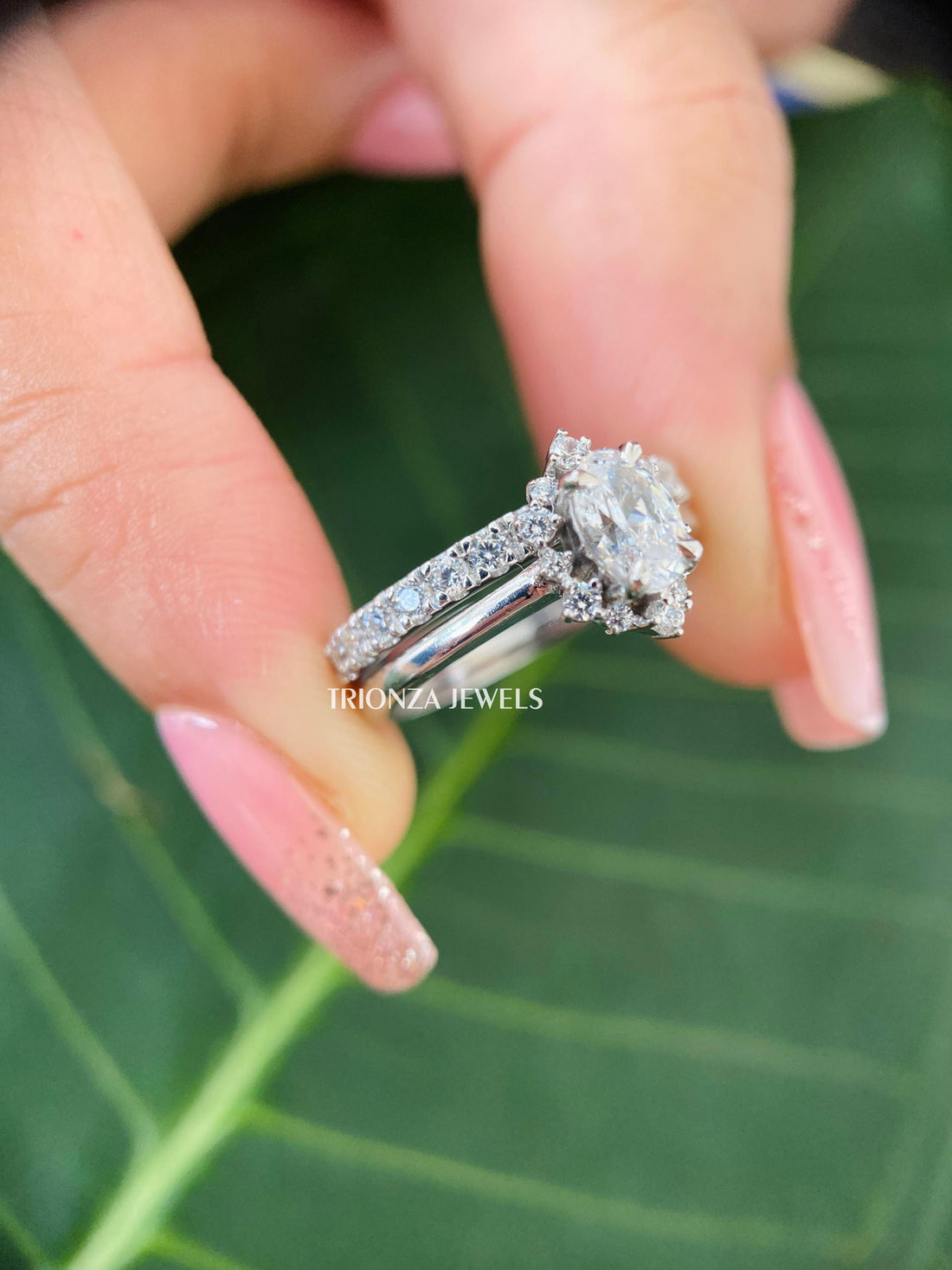 1 CT Oval Moissanite Halo Wedding Ring Set - Bridal & Eternity Band