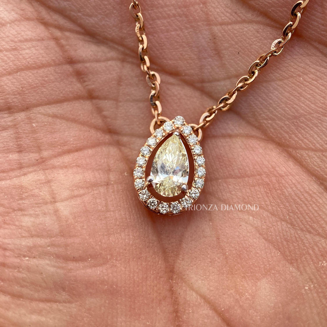 1CT Pear Cut Lab Grown Diamond Halo Pendant, 14K Gold Necklace