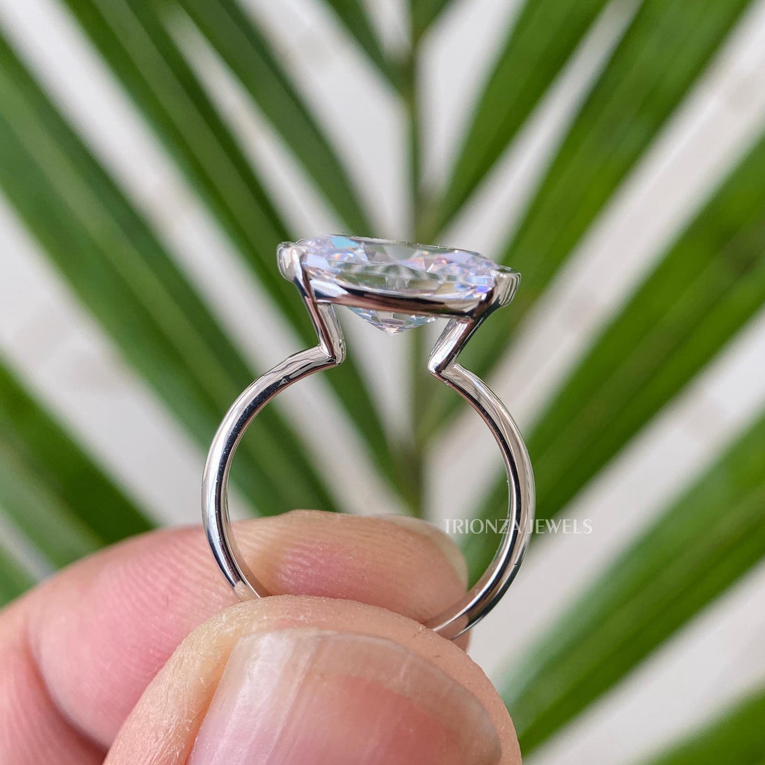 3 CT East West Oval Moissanite Engagement Ring - Half Bezel 14K Gold