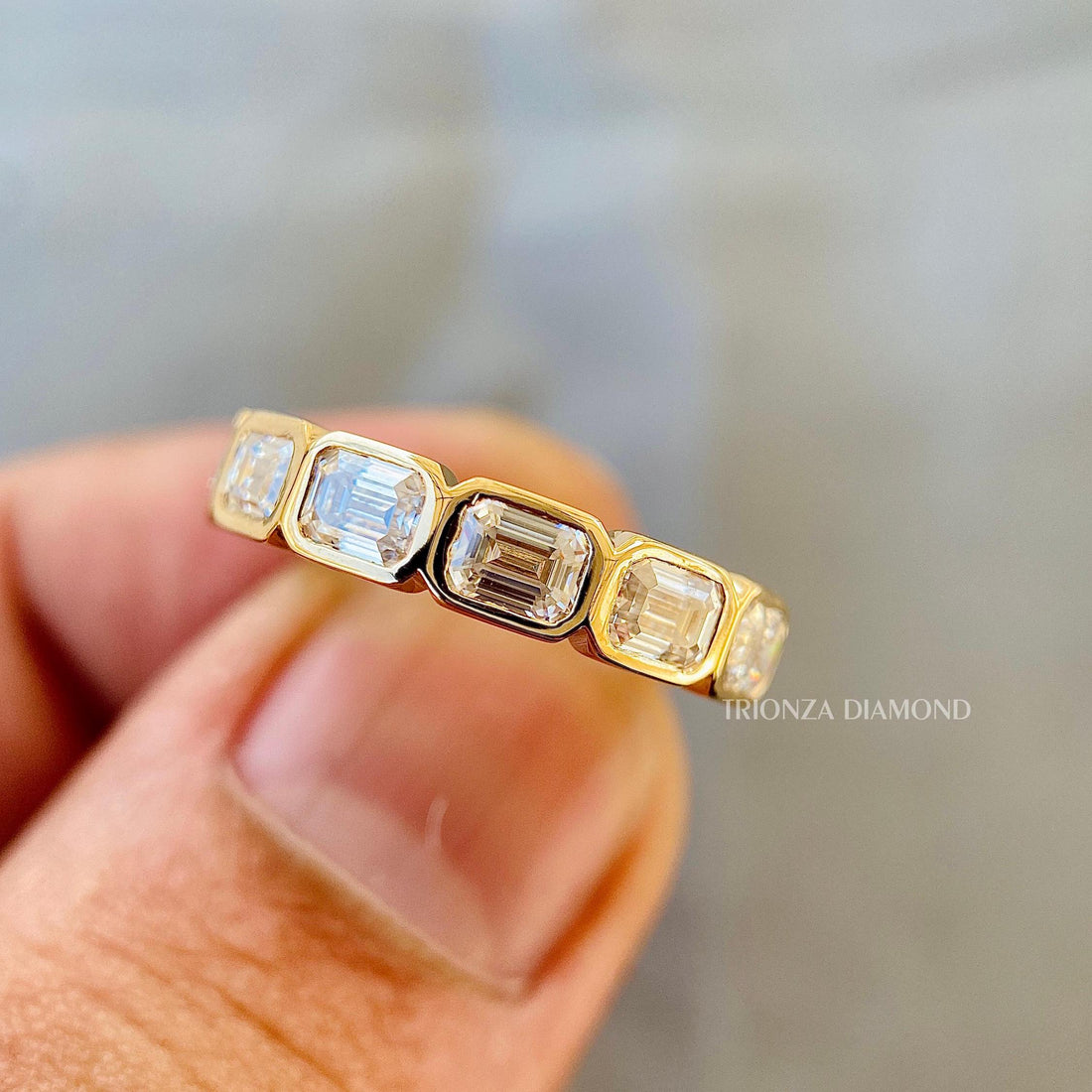 Emerald Cut Lab Diamond Half Eternity Band | 14K Gold Bezel Set Ring