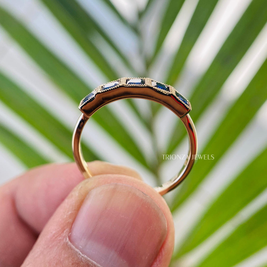 Cyan Blue French Cut Moissanite Wedding Band - Bezel Set 14k Gold