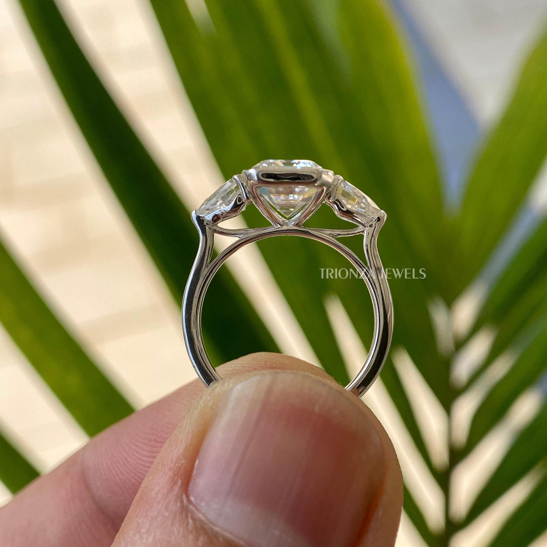 3 CT Emerald Cut Three Stone Ring | 14k Gold Half Bezel Wedding Ring