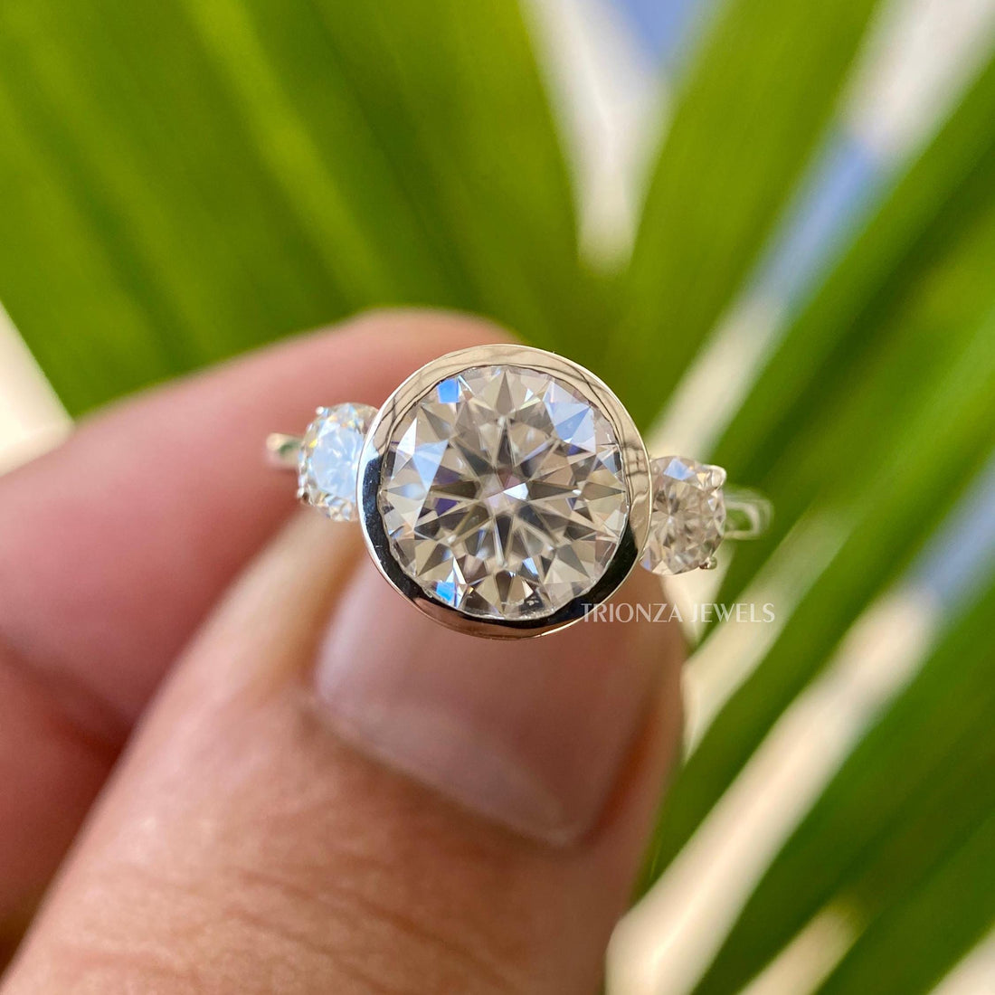Round Cut Moissanite Bezel Three Stone Ring - Wedding & Anniversary