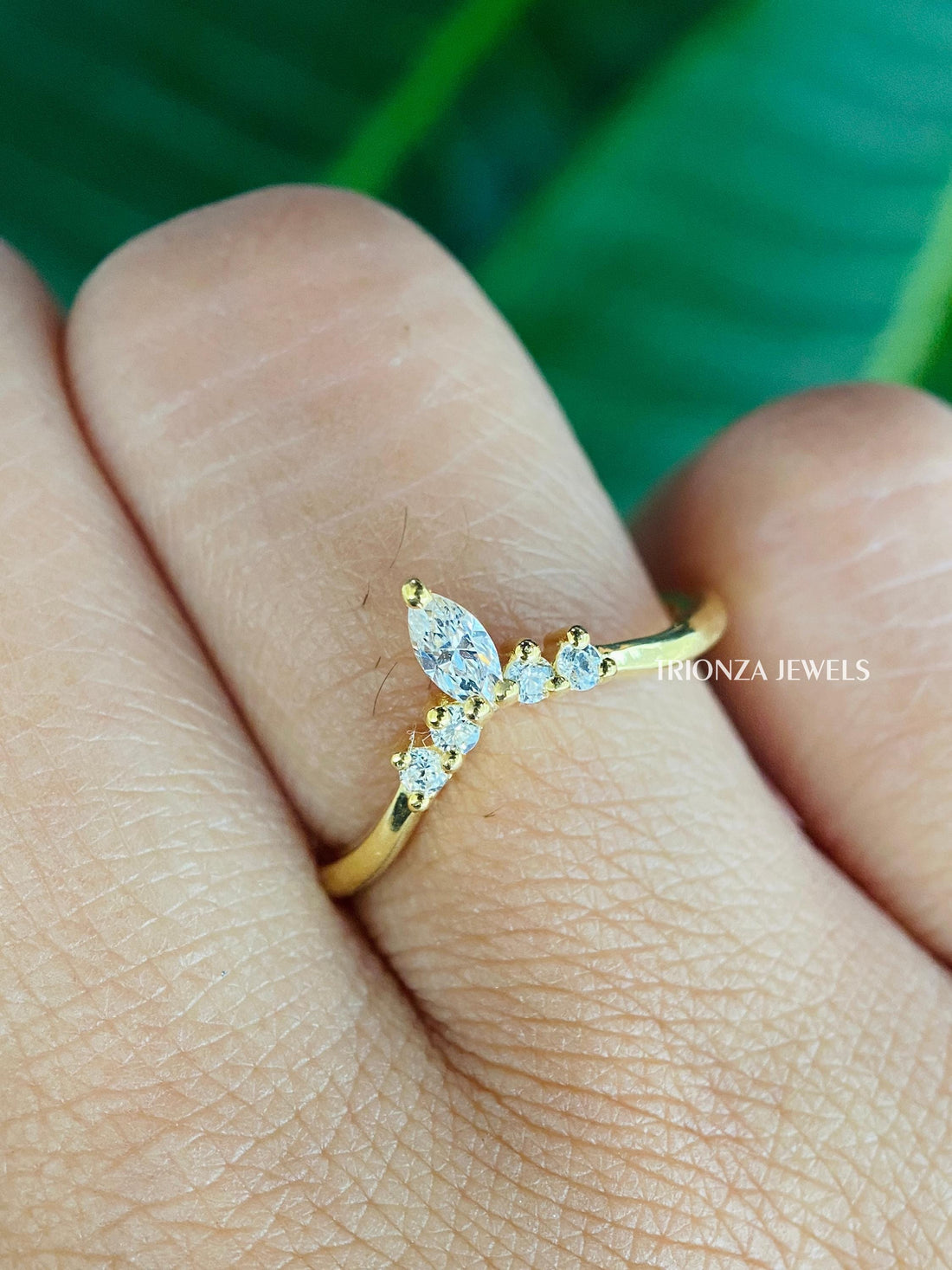 Vintage Marquise Moissanite Tiara Ring 14K Gold Curved Wedding Band