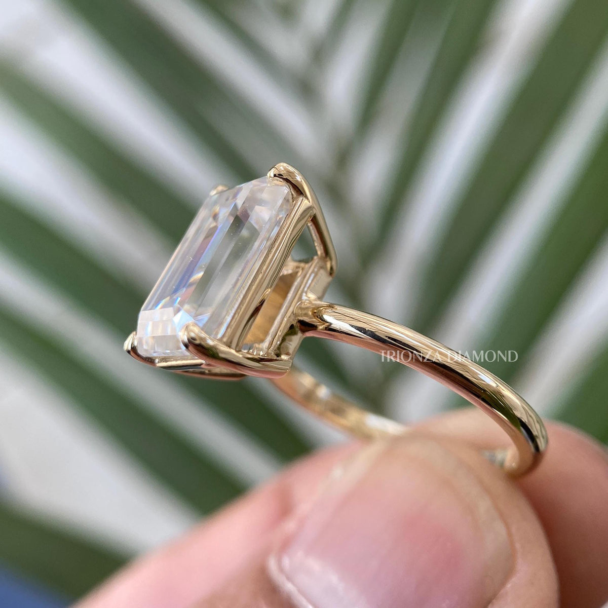Handmade emerald cut solitaire ring crafted by TrionzaDiamond for bridal and anniversary gifting
