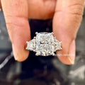 Cushion cut lab grown diamond engagement ring in 14k yellow gold with trapezoid side stones in a cathedral setting