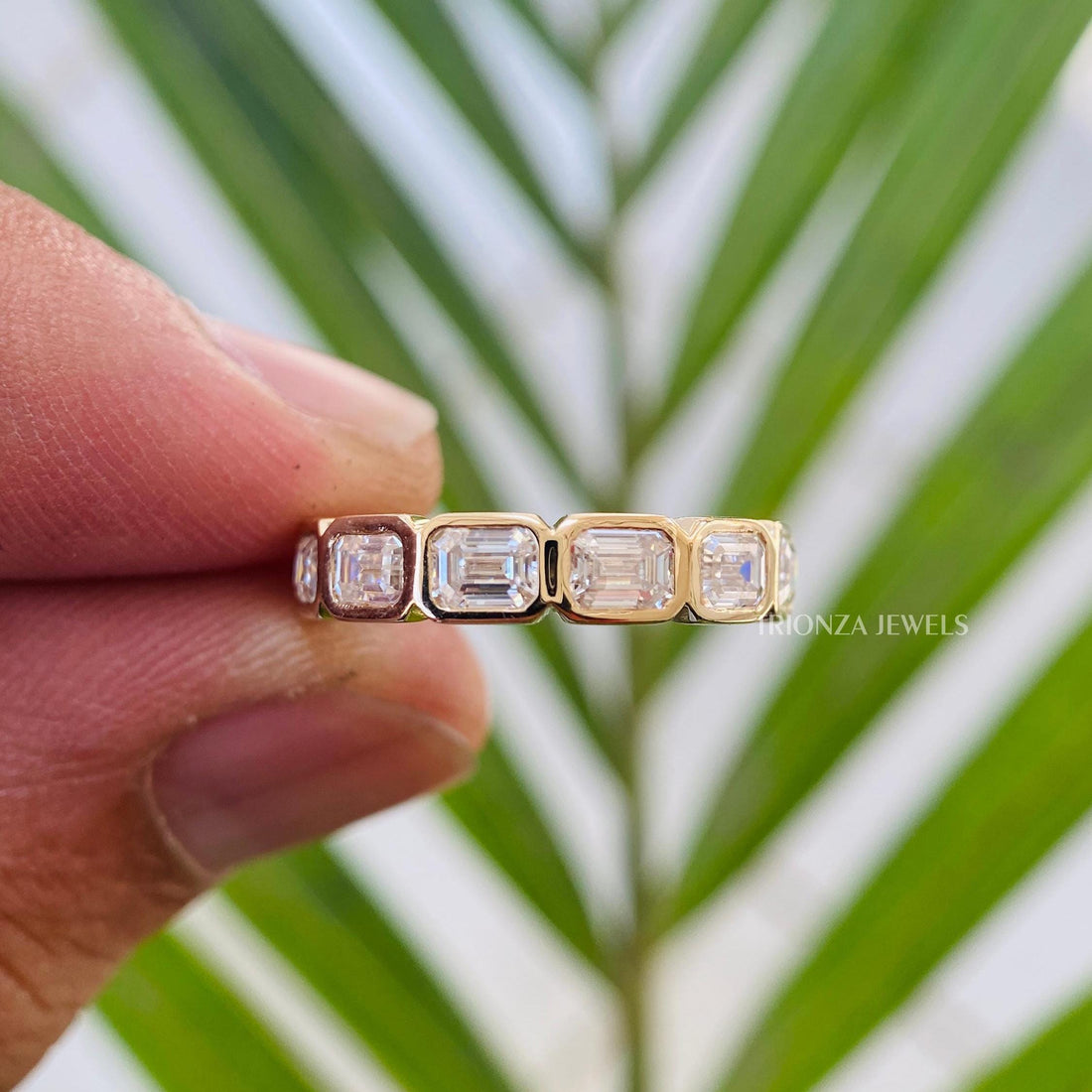 14K Yellow Gold Emerald Cut Bezel Stacking Wedding Band