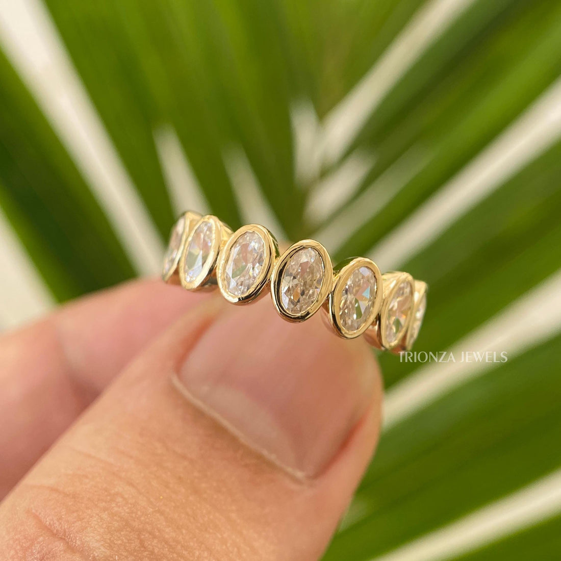 Oval Moissanite Bezel Set Eternity Stacking Wedding Band Gold