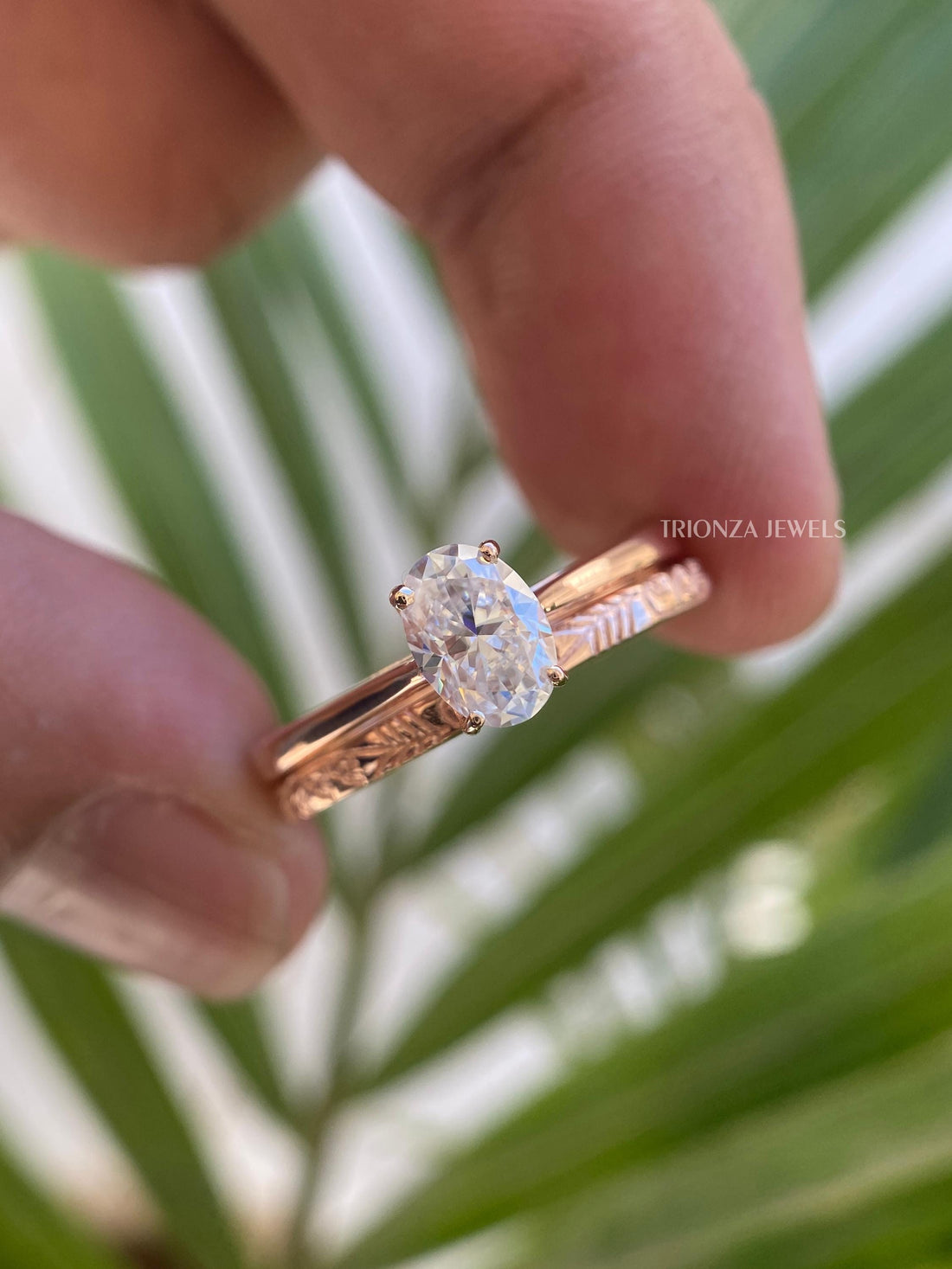 14K Rose Gold Oval Engagement & Wedding Ring Set - Promise Ring