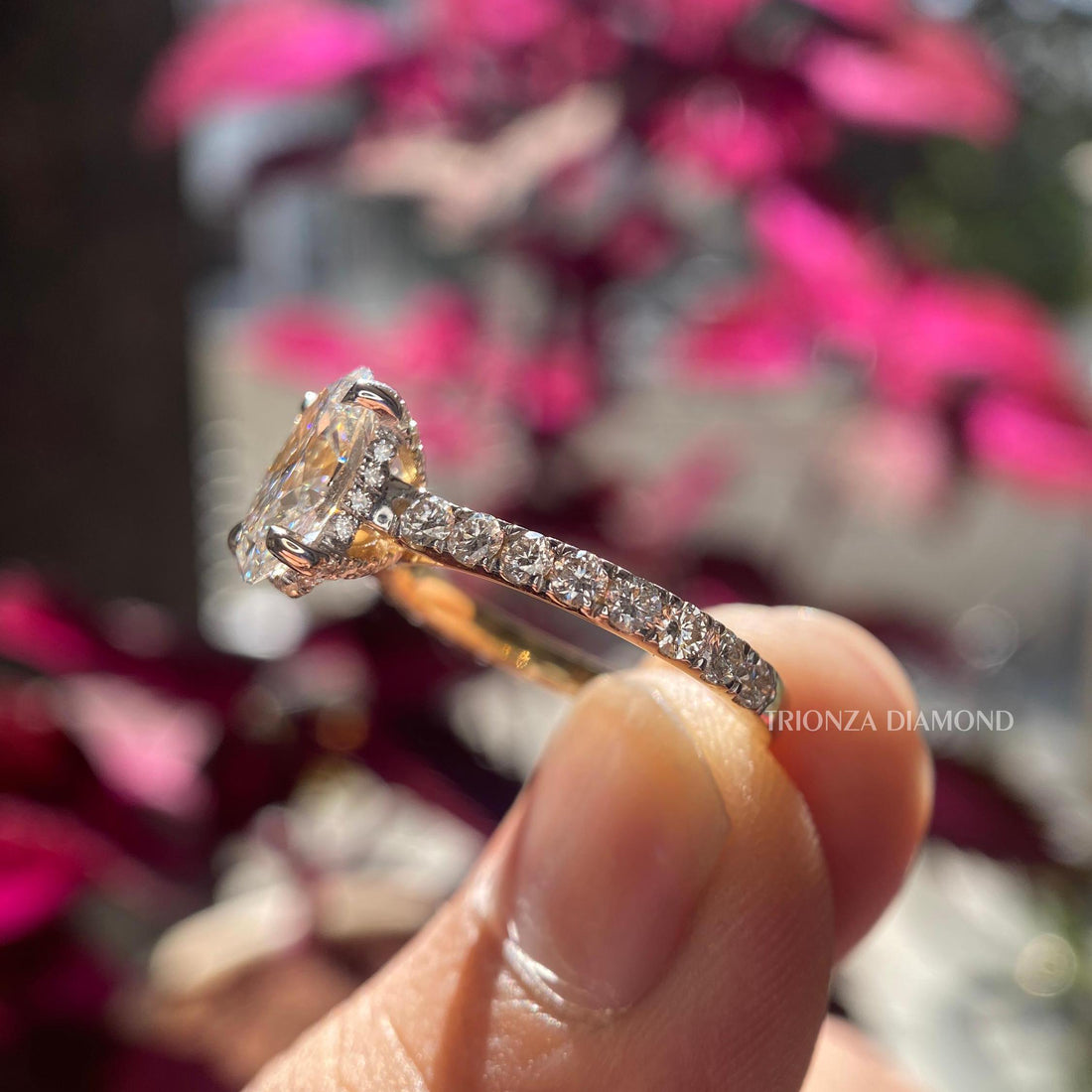 Oval cut lab grown diamond pave engagement ring in 14k solid gold with sparkling side stones