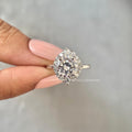 Close-up of the halo setting surrounding the 8mm round cut diamond in solid gold