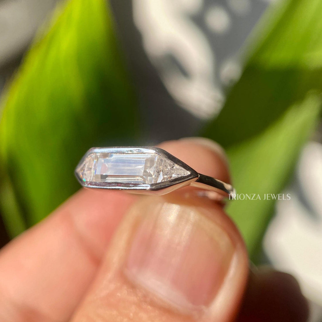 East West Baguette Moissanite Engagement Ring | 14K Gold Bezel Set