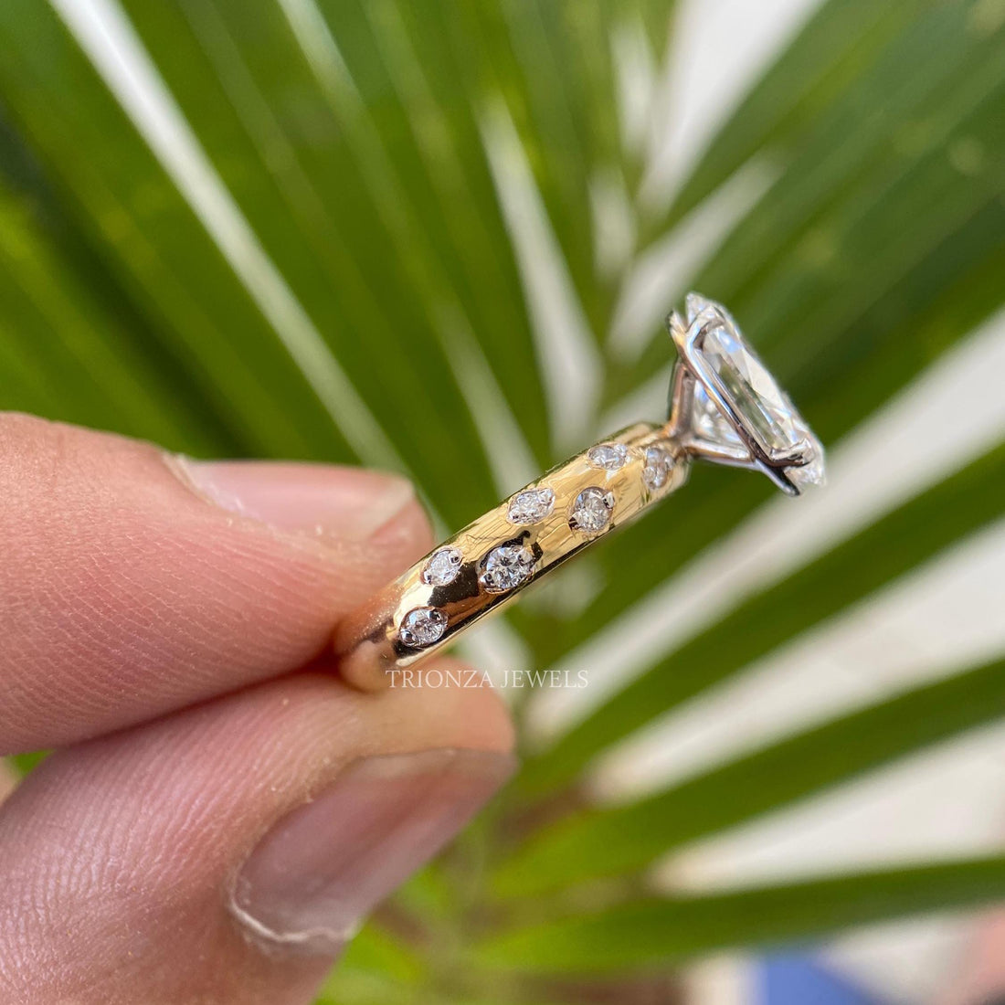 10x7mm Oval Moissanite Engagement Ring | Pave Eternity Band