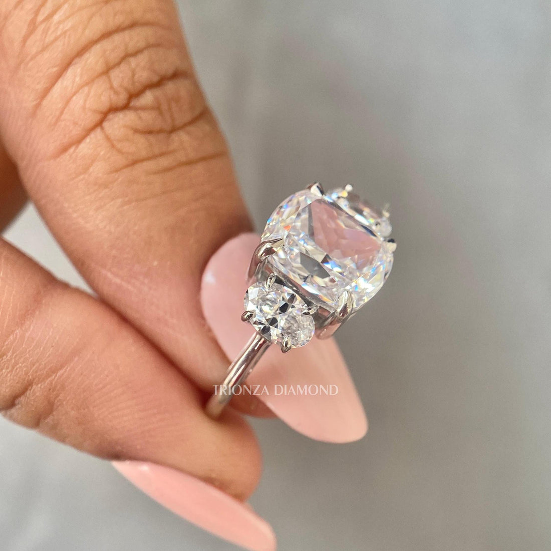 3 CT Cushion E/VVS2 Lab Grown Diamond Three Stone Ring | Oval Cut