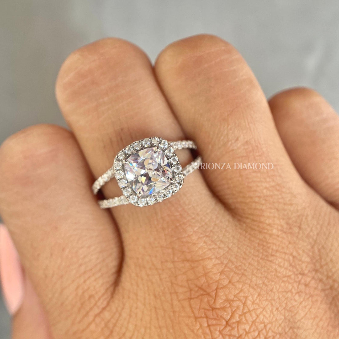 2 CT Cushion Cut Lab Diamond Halo Engagement Ring, E/VVS2 Split Shank