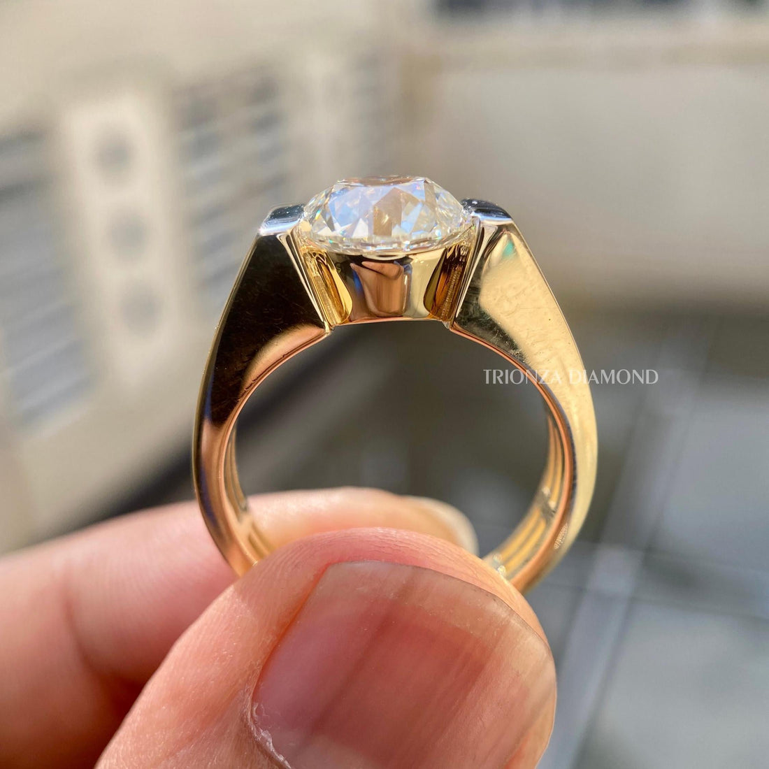 Old European cut lab grown diamond men's ring in two tone 10K solid yellow gold with an open culet