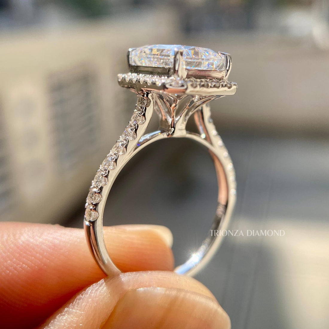 3 CT Radiant Lab Diamond Halo Engagement Ring E/VS1 Pave Band